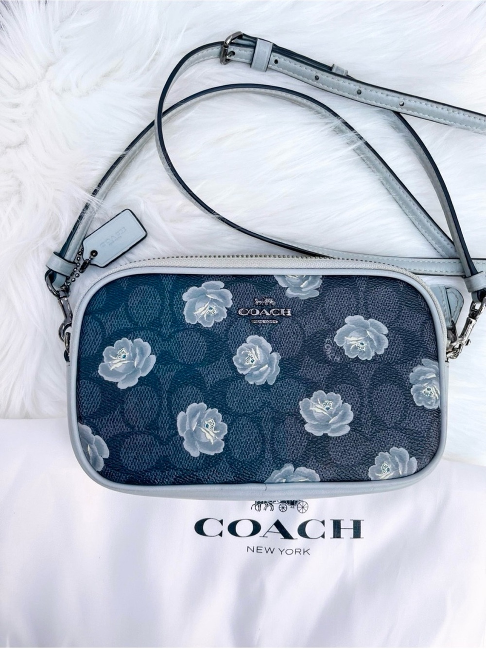 Coach Gray Blue Floral Signature Crossbody with Light Gray Trim